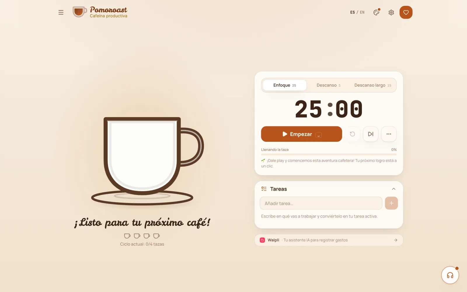 Pomoroast con el tema clásico: una taza de café junto al temporizador